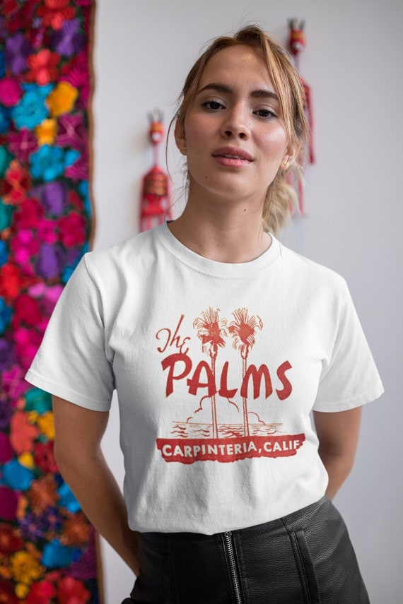 Retro THE PALMS Motel Bar on a Unisex Bella+Canvas Short Sleeve Tee Shirt, vintage Carpenteria California Mid Century Modern