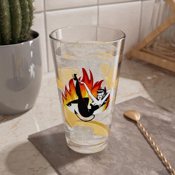 Retro Devil Doll Mixing Glass, 16oz, She Demon Style Tattoo Art, Gift for Cold Brew Draught, Gothic Pint Glass, Satan Tattoo Mug