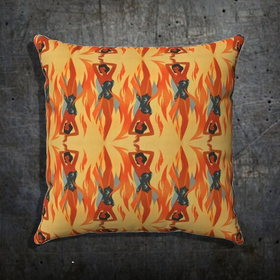 Retro Mid Century Fiery Tropical Goddess Spun Polyester Square Pillow Case
