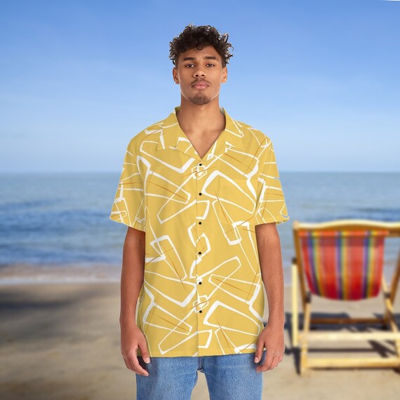 Retro Yellow Mid Century Modern Pattern Men's Hawaiian Shirt with 1950s MCM Design when Tiki Drinks are served or the beach.