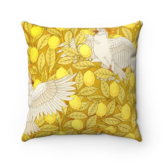 Retro Square Pillow Case, French 19th Century Floral and Bird Wallpaper pattern on Spun Polyester