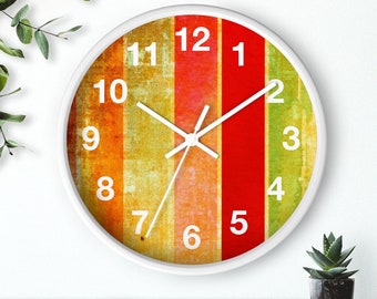 Distressed Wallpaper Stripes on Wall Clock 1950's Red and Orange Tones