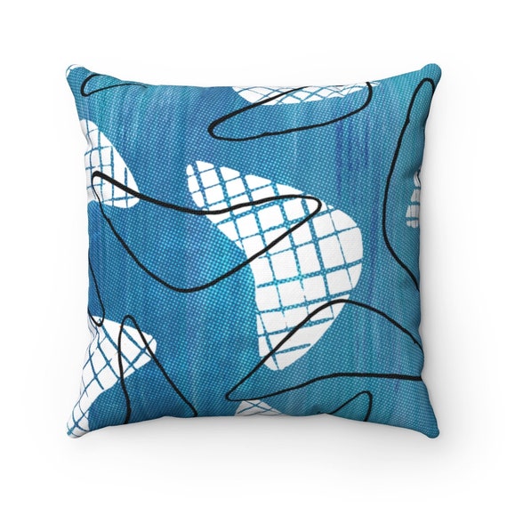 Retro Mid Century Modern Square Pillow Case, BLUE and WHITE print on Spun Polyester, 4 Sizes!