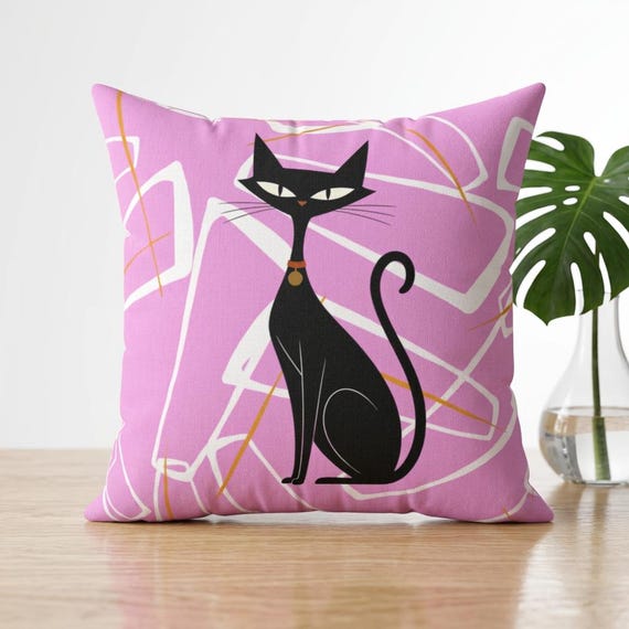 Retro Black Cat Mid Century Modern Pillow | Purr-fect Pink Square Throw Pillow