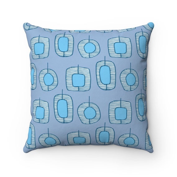 Retro Square Pillow Case, Mid Century Modern Blue Pattern Spun Polyester, 4 sizes