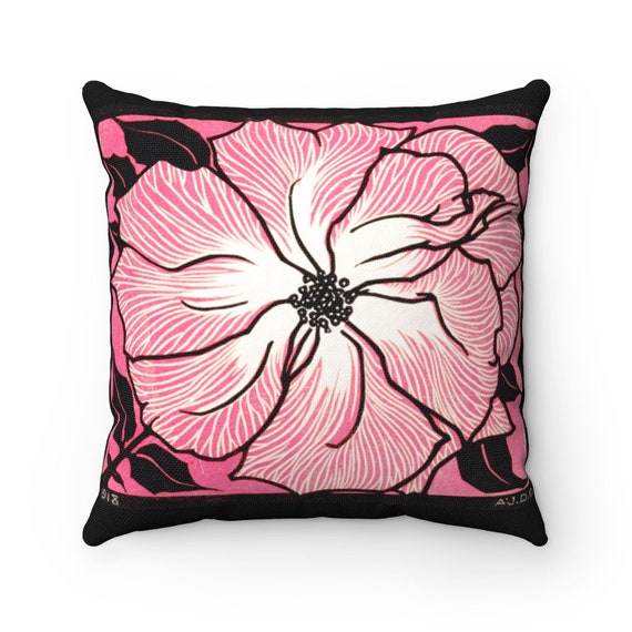 Retro Art Nouveau Pink Floral Print on Spun Polyester Square Pillow Case, Relax like its 1915 in 5 Sizes