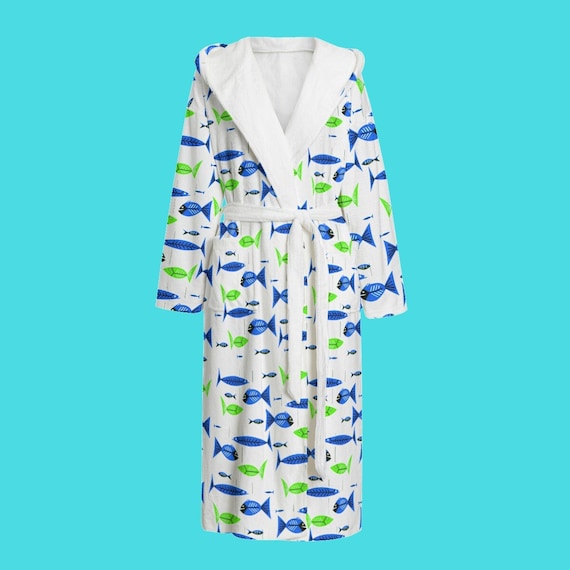 Retro Tropical Fish Unisex Flannel Hooded bathrobe with that Mid Century Modern flair!