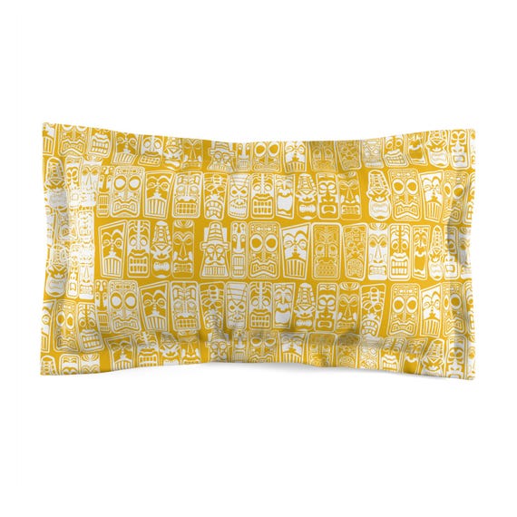 MCM Tiki God Yellow Pillow Sham, Retro 70's Style Microfiber Bedding, Mid Century Modern Tropical Decor, Vintage MCM Vibes, Vibrant Bedroom