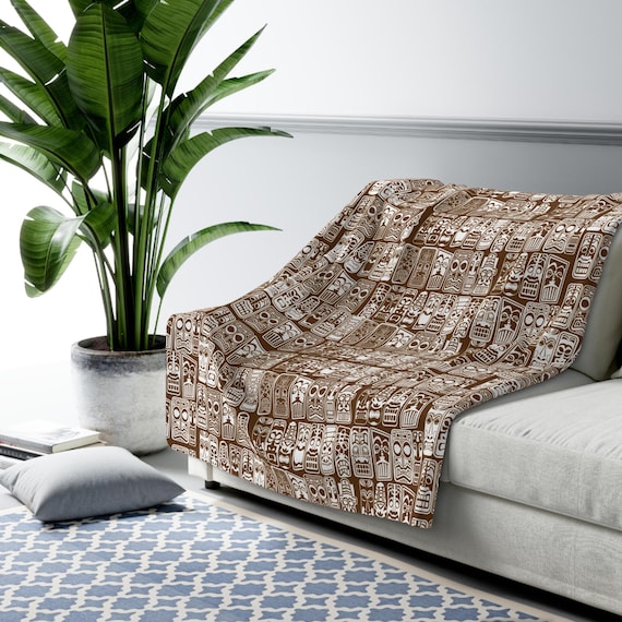 Retro Tiki Mid Century Tropical Brown and White Sherpa Fleece Blanket
