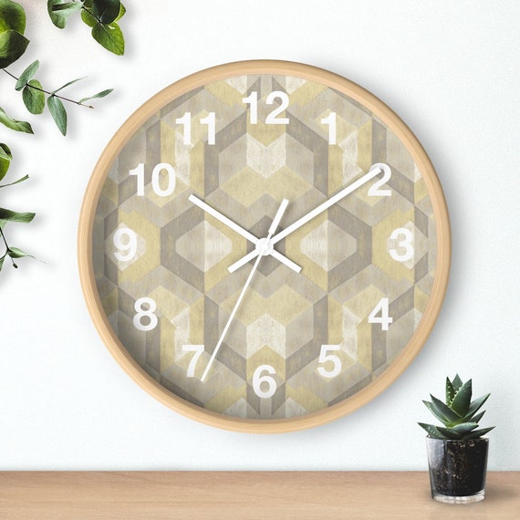 Mosic Print Modern Wall Clock 1950's Modernism Brown and Beige Tones on White and Wood