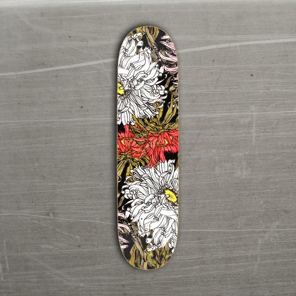 Floral Watercolor on Black Skateboard Deck