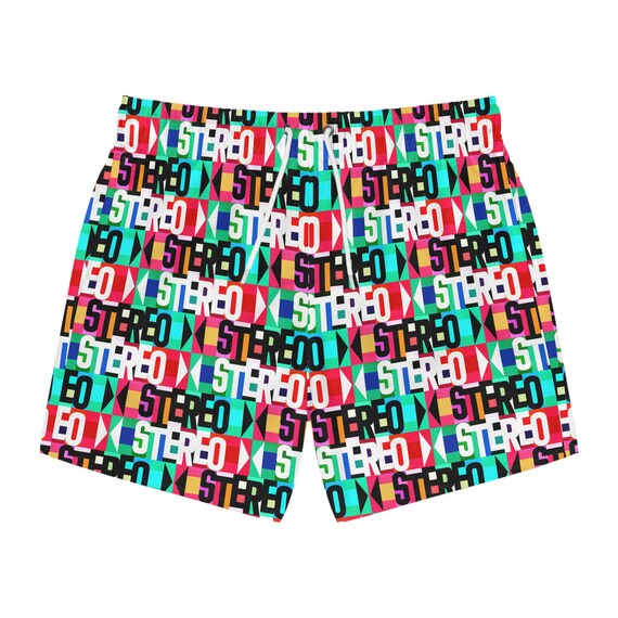 Colorful Stereo Swim Trunks, Retro Album Logo STEREO logo, Music Lover Gift, DJ Festival Wear, Vintage Record Swim suit