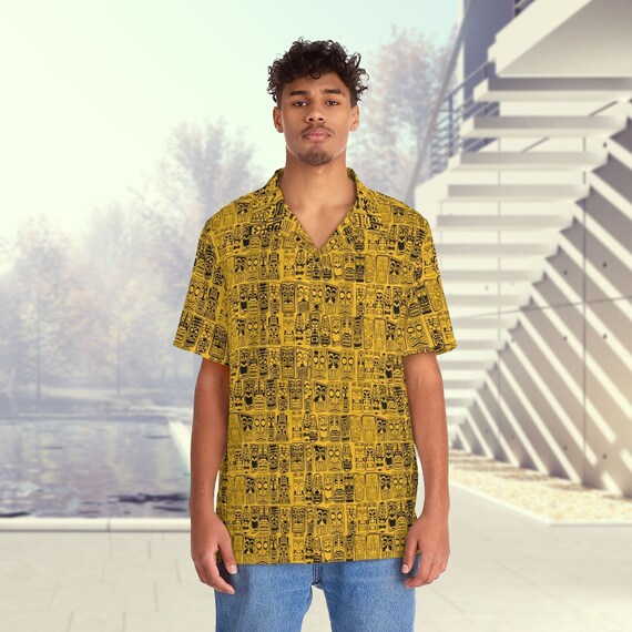 Retro Tiki Tropical Yellow and Black Men's Hawaiian Shirt Mid Century Modern Tropical for your Tiki Party or MCM life. with Pocket