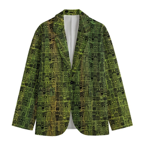 Retro Tiki Tropical Green Men's Casual Flat Lapel Collar Blazer for Mid Century Modern Formal