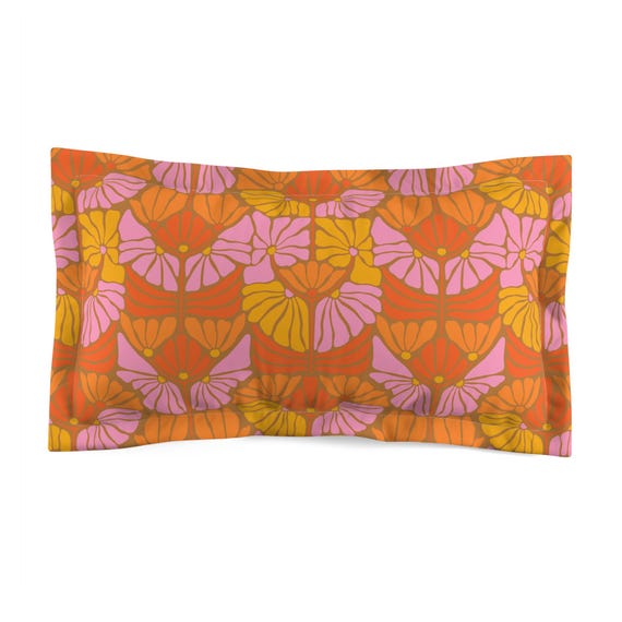 Bohemian MCM Floral Pillow Sham, Retro 70's Style Microfiber Pillow Sham, Ideal Gift for Housewarming, Vintage MCM Vibes, Vibrant Bedroom