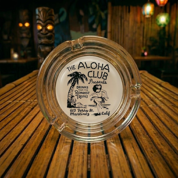 Retro Tiki Aloha Club Glass Ashtray Mid Century Polynesian Pop Bar Decor Vintage Cocktail Lounge Martinez California Gift