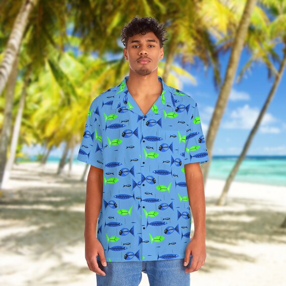 Retro Mid Century Modern Tropical Fish on a Hawaiian Shirt, Vintage Blue and Green MCM Tiki Party Style