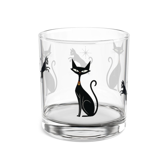 Many Mid-Century Black Cats Rocks Glass | 10oz Retro Cat Cocktail Tumbler Lovers of Retro Cats