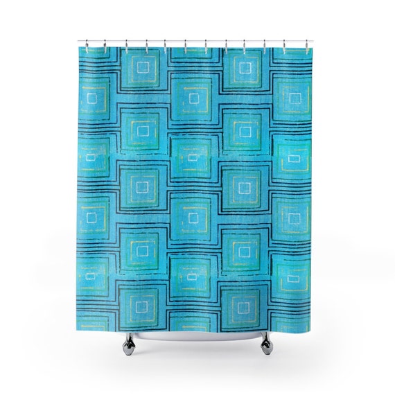 Retro Mid Century Modern Blue Green Yellow Block Print Shower Curtain / 71" x 74" / For your MCM 1950's / 1960's Bathroom