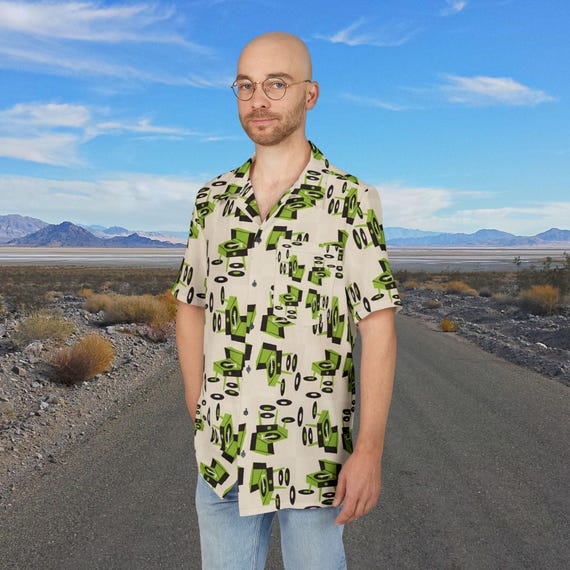 Hawaiian Shirt, Retro Record Player Pattern Button Down, 50s MCM Design, Tiki Music Inspired, Men's Aloha Top for Luau Party