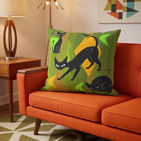 Retro Black Cats Mid Century Modern Pillow | Purr-fect mid century green and orange Square Throw Pillow