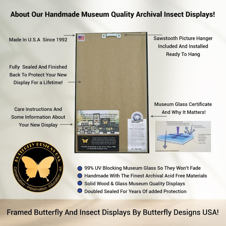 The image is a framed butterfly and insect display by Butterfly Designs USA, featuring a detailed description of the product's features and benefits.