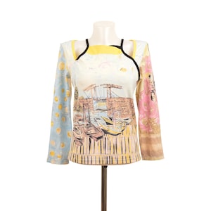 Save the Queen Boat Wharf Dock Print Blouse Top Shirt S6 8992 Made in Italy