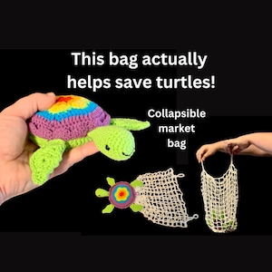 PATTERN: Rainbow Turtle collapsible bag - crochet foldable market bag purse charm pouch