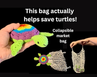 PATRÓN: Bolsa plegable Tortuga Arcoíris - Bolsa de mercado plegable de ganchillo con colgante