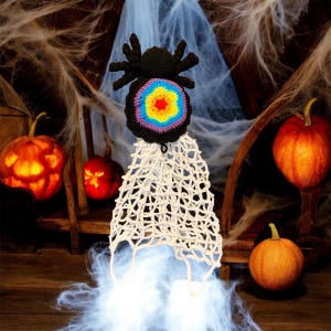 May include: A crocheted black spider with a rainbow colored center, wearing a white crocheted web. The spider is sitting on a wooden surface with pumpkins in the background.