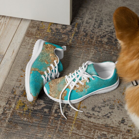 Womens Girls Turquiose Gold Athletic Shoes Lace up Tennis Shoe Etsy