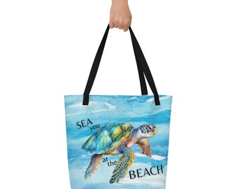 Sea Turtle Large Tote Bag with Pocket Blue White Green Summer