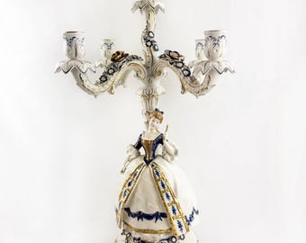 Drezdeńska porcelana figuralna z 5 światłami, świecznik Lady Blue White | Kandelabr rokokowy
