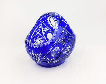Vintage Bohemian Cobalt Blue Cut-to-Clear Crystal Basket Bowl