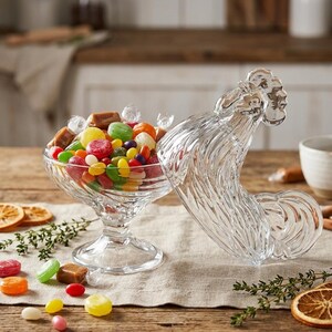 May include: A clear glass candy dish filled with colorful candies and ice cubes. A decorative glass rooster lid rests beside the dish on a wooden surface. Candies are scattered around the dish.