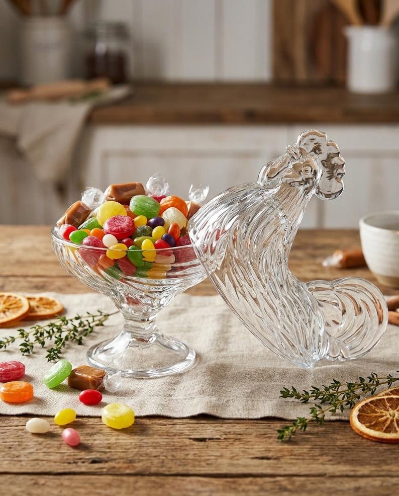 May include: A clear glass candy dish filled with colorful candies and ice cubes. A decorative glass rooster lid rests beside the dish on a wooden surface. Candies are scattered around the dish.