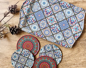 Coaster Set with Tray with Gift Box/ Turkish Mediterranean Design Pattern Tray Set/Christmas Gifts/Birthday Wedding Gift/Home Decor