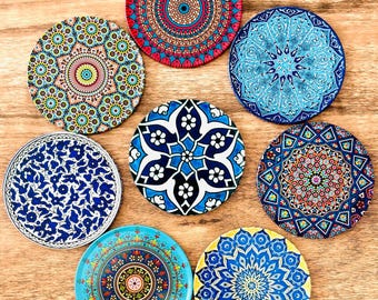 Coaster | Set of 8 Turkish Ottoman Mandala Boho Drink Coasters | Mediterranean Decor | Colorful Pattern Coaster Set | Housewarming Gift