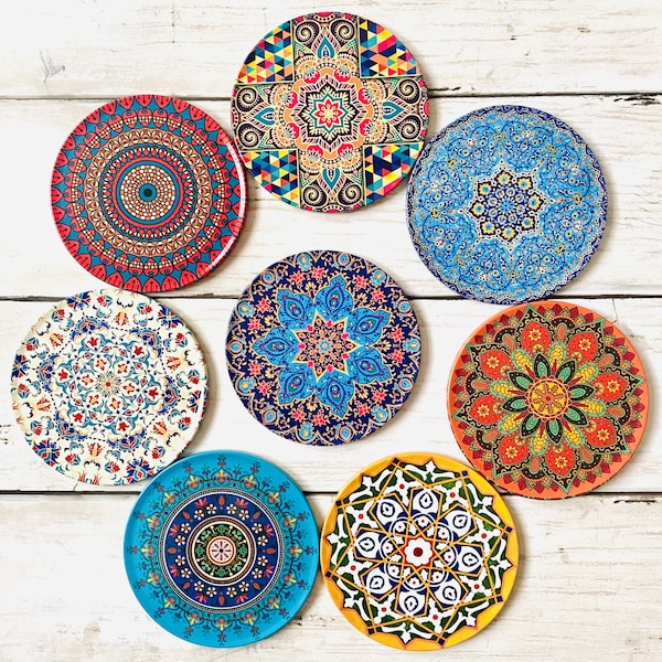 Set of 8 Coasters / Turkish Mandala Moroccan Design Coaster / Persian Coasters / Drink Coasters/Ethnic Pattern Coaster Set / Made in Turkey