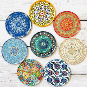 Juego de 8 posavasos de corcho y metal con diseño de mandala turco marroquí, mosaico islámico, decoración bohemia para el hogar, regalo de Navidad o regalo para un nuevo hogar.