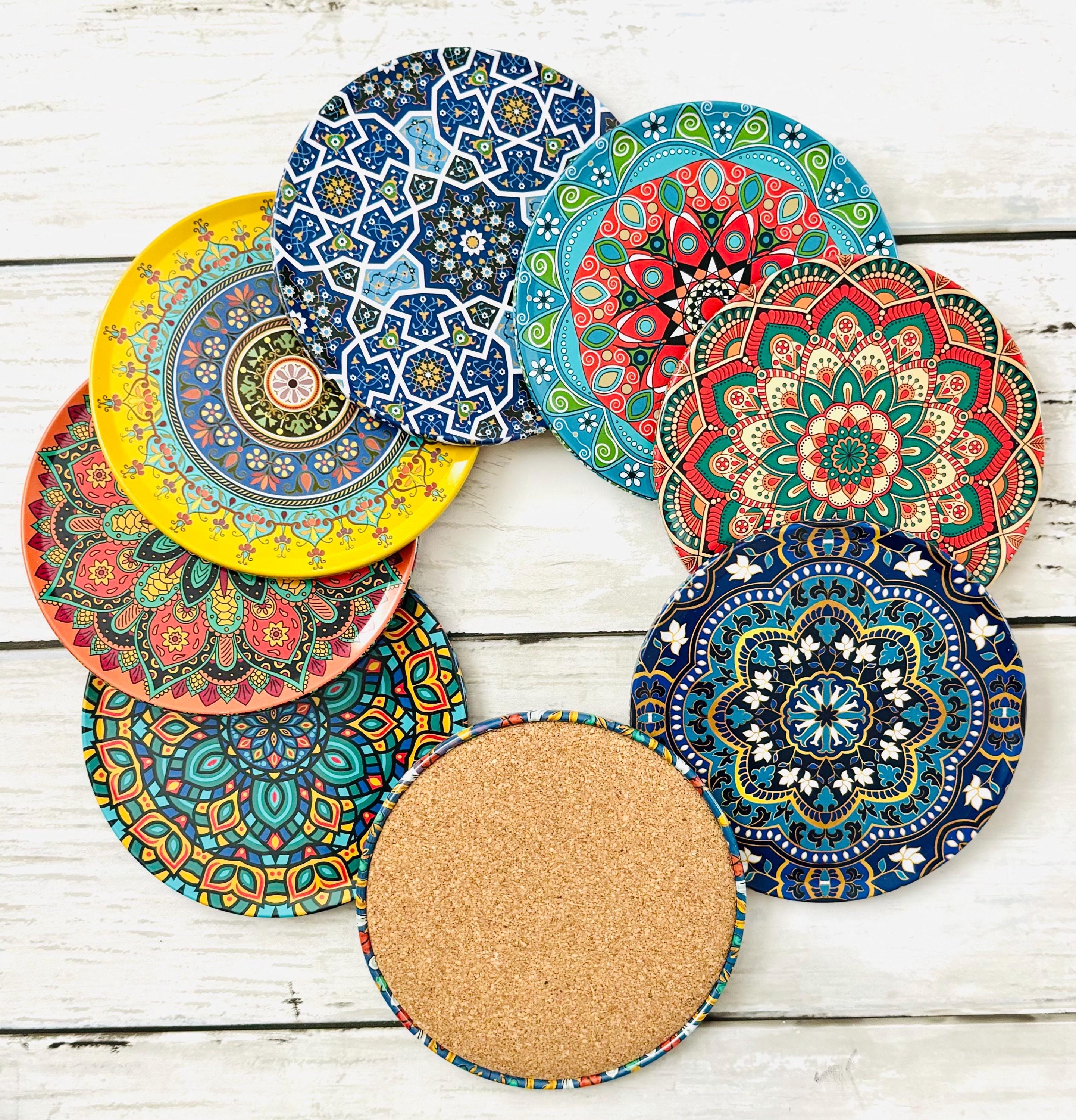 Coasters | Colorful Turkish Mandala Art Coaster Set of 8 | Metal & Cork ...