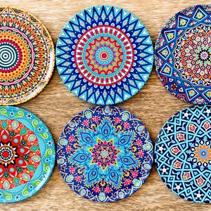 Turkish Tile Pattern Metal Coasters Set of 6, Drink Coasters with Cork Backing, Boho Coffee Table Decor, Housewarming & Christmas Gift