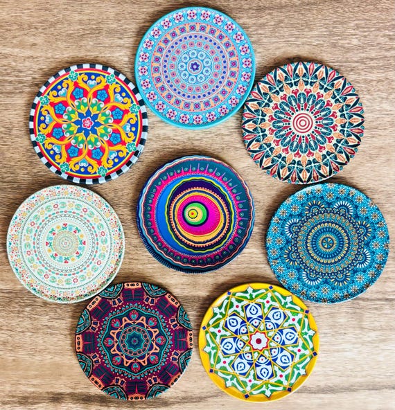 6er-Set Untersetzer (Coaster) – Türkisches/Persisches Mandala-Design, Aus Metall & Kork