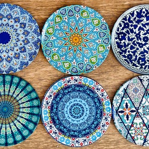 Coasters | Set of 6 Turkish Mandala Moroccan Coasters | Metal & Cork Drink Coasters | Boho Mediterranean Home Decor | Housewarming Gift