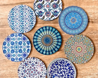 Coasters | Set of 8 Blue Drink Coasters | Mediterranean Turkish Tile Design Coaster | Art Coasters | Housewarming Gifts | Gifts for Her |