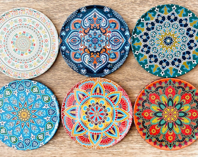 Coasters | Turkish Mandala Persian Moroccan Coaster Set of 6 or 4 | Metal Cork Drink Coasters | Boho Mediterranean Home Decor | Gift for Her
