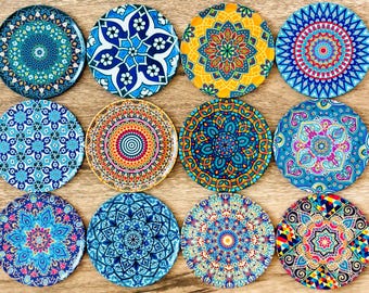Coasters | Set of 12 Turkish Mandala Ottoman Coasters | Metal & Cork Drink Coasters | Moroccan Boho Mediterranean Decor | Housewarming Gift