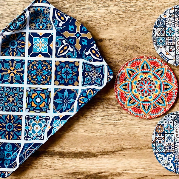 Set of 4 DRINK COASTERS with TRAY / Turkish / Mediterranean / Persian / Moroccan Design Pattern / Trays / Coasters / Gift for Her
