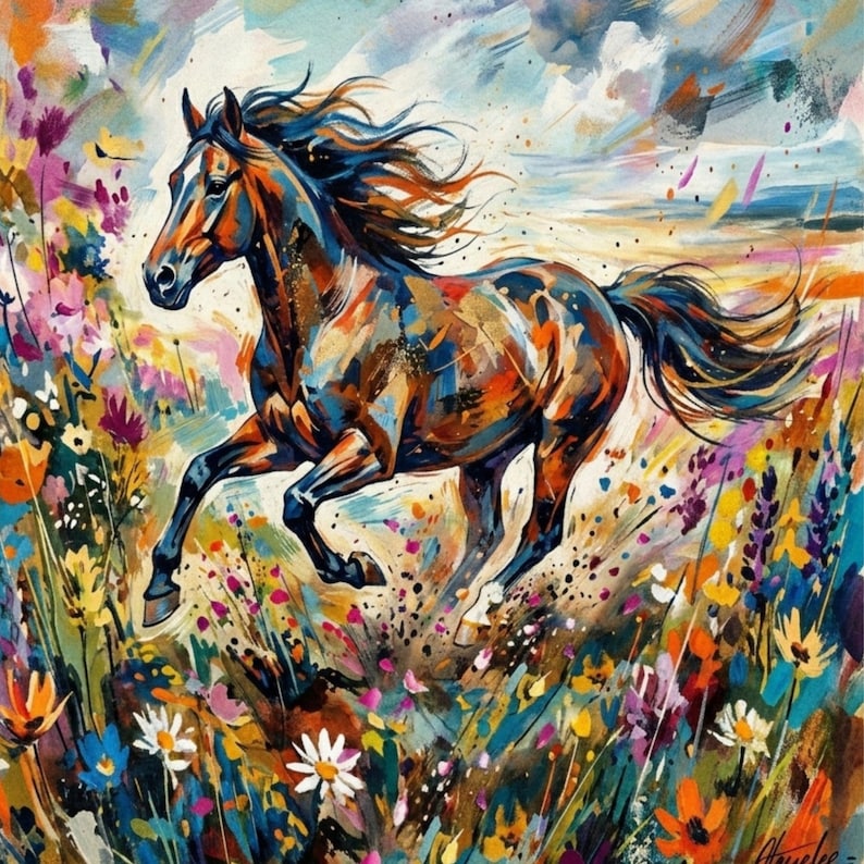 Colorful Running Horse Canvas Print, Abstract Wildflower Field Wall Art ...
