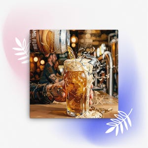 May include: A canvas print depicts a pint glass being filled with beer. The beer is a golden color with a foamy head, and the image has a warm, inviting color palette. The text "MBA-FLOW" is visible in the upper left corner.